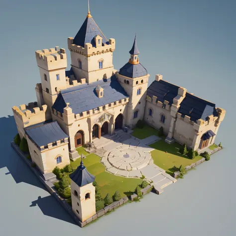 岛的 3d Isometric视图,Isometric，45-degree top-down，realism,Medieval Magic Castle，casual game style, 3d, Blender，close up，masterpiece，Super Detail，best quality