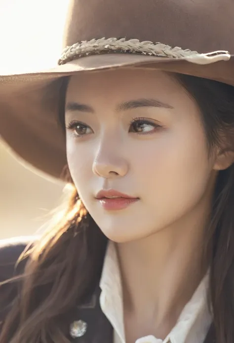 Western Cowgirl，Sunlight,Close your eyes,Head up，Tilt your face,(Close your eyes微笑),Side profile,Backlight