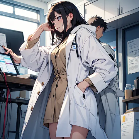 Imagine a MBTI logician、Create a single woman in a white coat who works hard.。