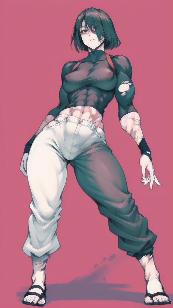 Full body image of Maki Zenin from Jujutsu Kaisen, full body in image, wearing her post-clan outfit (sleeves torn, harem pants), visible scars, short dark hair, female body, athletic and muscular body, dynamic pose, detailed pose, simple background, expres...