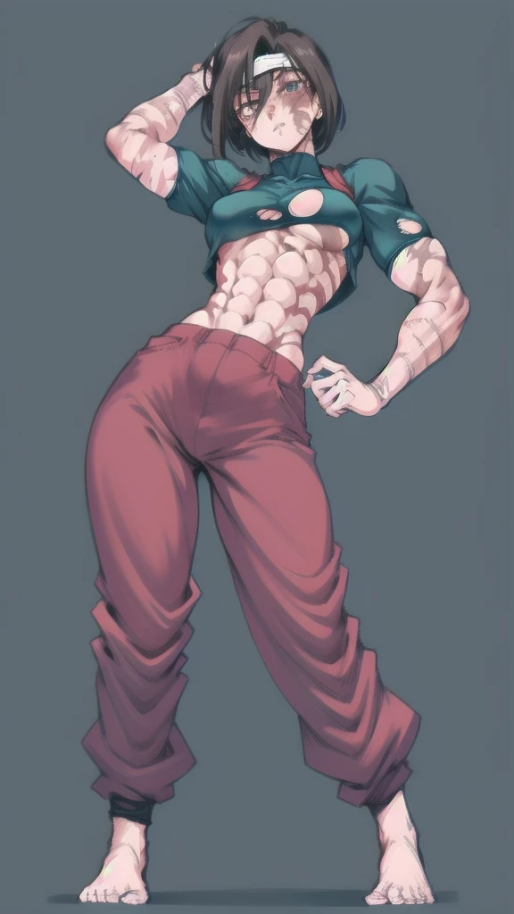 Full body image of Maki Zenin from Jujutsu Kaisen, full body in image, wearing her post-clan outfit (sleeves torn, harem pants), visible scars, short dark hair, female body, athletic and muscular body, dynamic pose, detailed pose, simple background, expres...