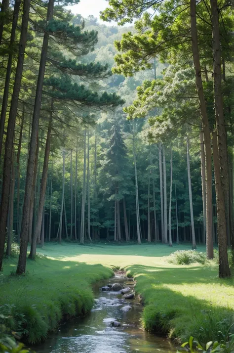 Unity picture animation style forest picture with trees in the distance in the middle of the green plain picture with beach and sea water below