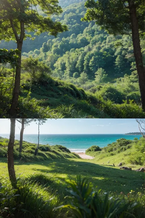 Unity picture animation style forest picture with trees in the distance in the middle of the green plain picture with beach and sea water below