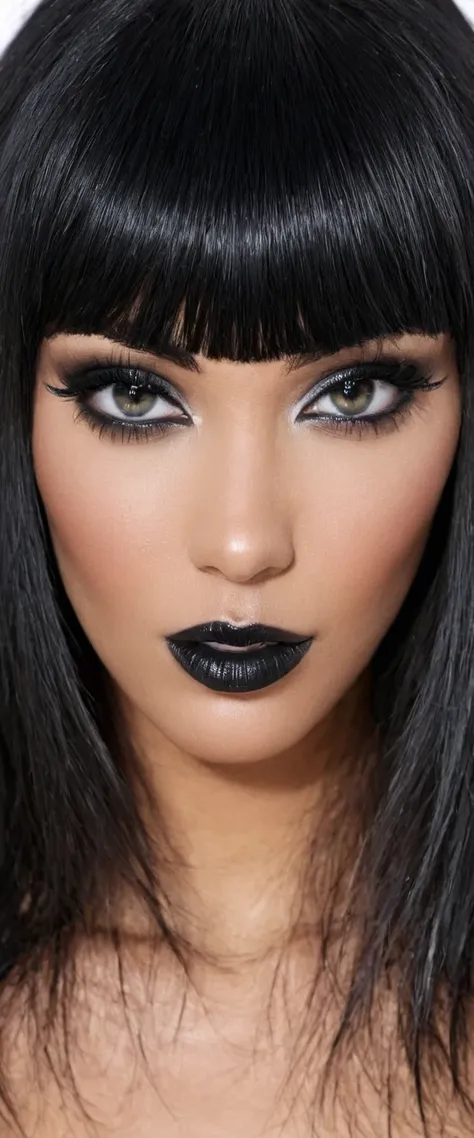 1 aubade girl, magnificent, black har, blunt bangs, yeux gris argenté brillants, black eyeliner, chrome lips, sensual lips sligh...