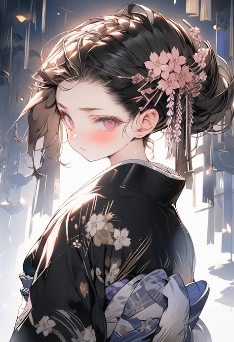 Full body, wearing loose floral yukata, beautiful glossy black obi, masterpiece, hot and languid expression, 8K picture quality, black hair pout, hair slightly pulled back, flower hair ornament, cute, tale-eyed eyes like Japanese anime.