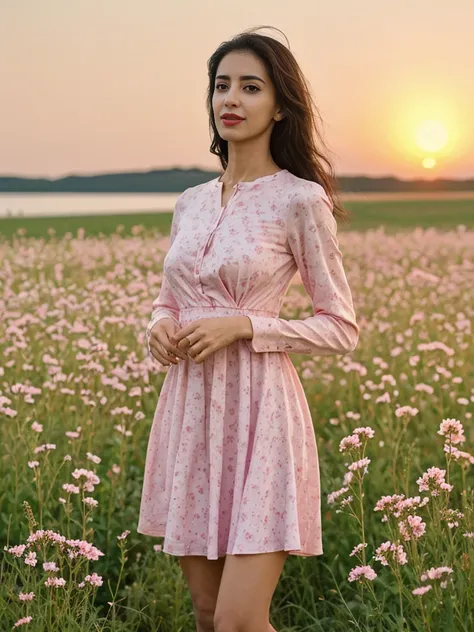 Noura, 1girl, solo, ((Qatari woman)), consistent face and body, ((MILF)), ((30 years old)), (mature), ((slim)), ((Qatari face)), (Qatari nose), (Qatari lips), ((cranky hair)), upper body and upper legs, (background: city flower field at sunset), BREAK, (we...