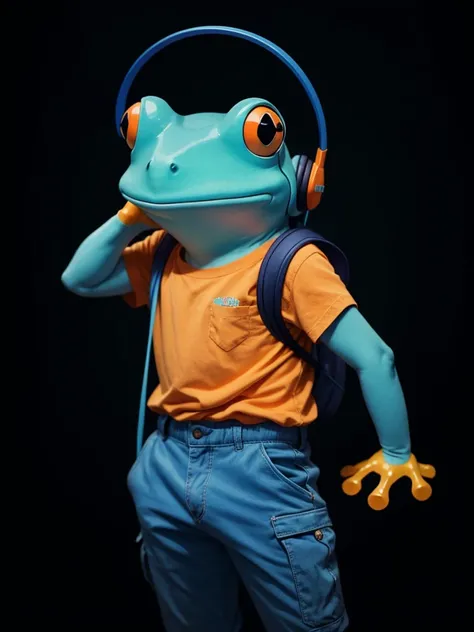 A frog, bluish in color, with a headset, with orange shirt