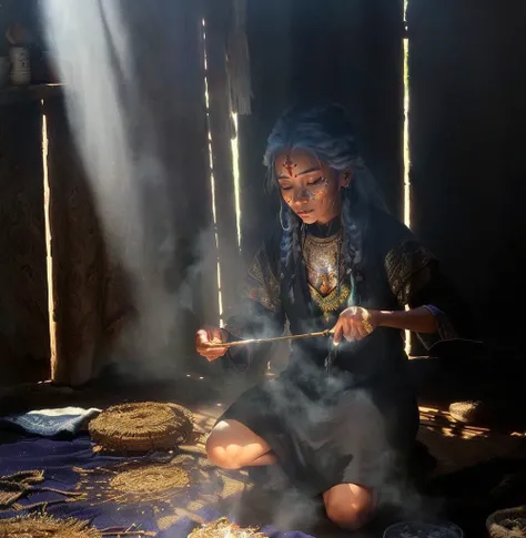 There is a woman sitting on the floor cooking, ayahuasca shaman, A young female shaman, hard Morning Light, mid Morning Lighting, Traditional Arts, Morning Lighting, Morning glare, Ayahuasca Ceremony, Morning Light, light coming through, portrait, photo, C...