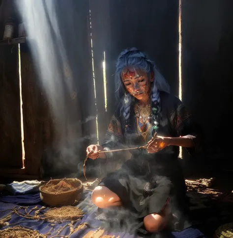 There is a woman sitting on the floor cooking, ayahuasca shaman, A young female shaman, hard Morning Light, mid Morning Lighting, Traditional Arts, Morning Lighting, Morning glare, Ayahuasca Ceremony, Morning Light, light coming through, portrait, photo, C...