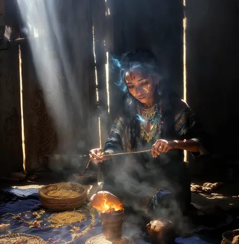 There is a woman sitting on the floor cooking, ayahuasca shaman, A young female shaman, hard Morning Light, mid Morning Lighting, Traditional Arts, Morning Lighting, Morning glare, Ayahuasca Ceremony, Morning Light, light coming through, portrait, photo, C...