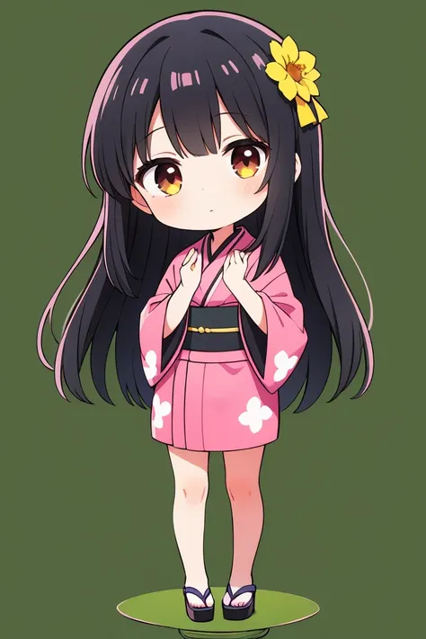 1girl,flower pattern , pink kimono,black hair,brown eye,long hair,chibi,standing, put hands on body, full body,green background