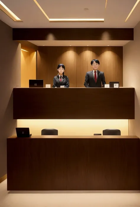 Business hotel front desk。Simple and modern design。On a wooden counter、Computers and phones are neatly arranged。Staff wear formal uniforms、Welcoming customers with a smile。The lobby has comfortable chairs and tables.、Business guests relaxing。The lighting i...