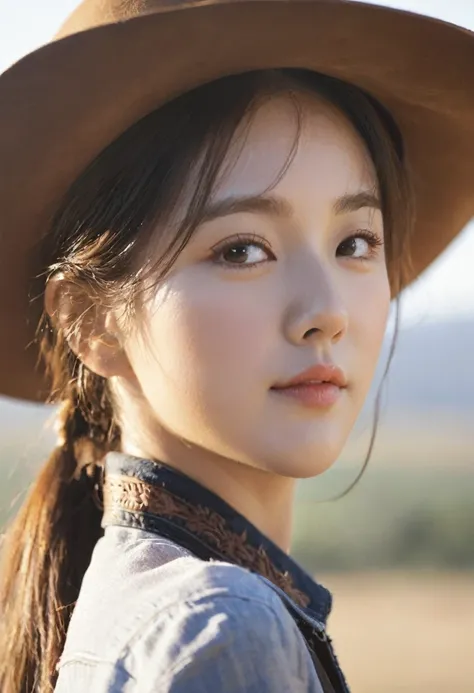 Western Cowgirl，Sunlight,Close your eyes,Head up，Tilt your face,(Close your eyes微笑),Side profile,Backlight