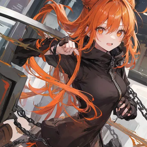 Orange Eyes、Dark orange hair、Small breasts、A single bun with slightly longer hair down、Black hoodie、female、In a narrow dungeon covered with moss、laughing、Common Iron Sword、alone