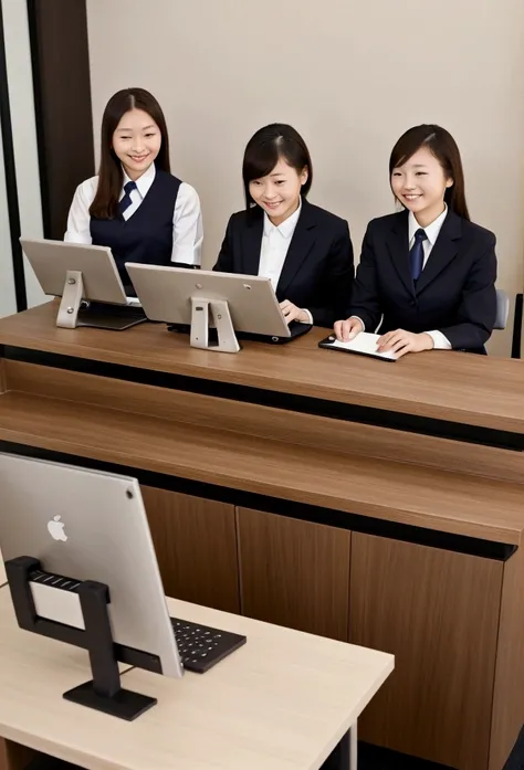 Business hotel front desk。Simple and modern design。On a wooden counter、Computers and phones are neatly arranged。Staff wear formal uniforms、Welcoming customers with a smile。The lobby has comfortable chairs and tables.、Business guests relaxing。The lighting i...