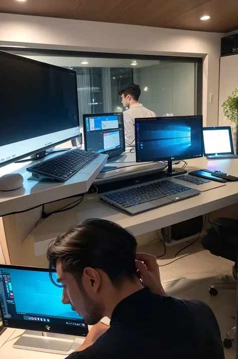 The back view of a man in his 20s looking at a laptop computer and worrying alone