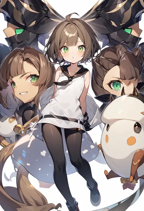 （One girl）、((short hair))、Bronze hair、(bangs)、((boyish))、((Dairy-free))、(Wizard)、black leggings、White sleeveless、black gloves、say、green eye、arm behind back、(coarse hair)、[flipped hair]、White Background、