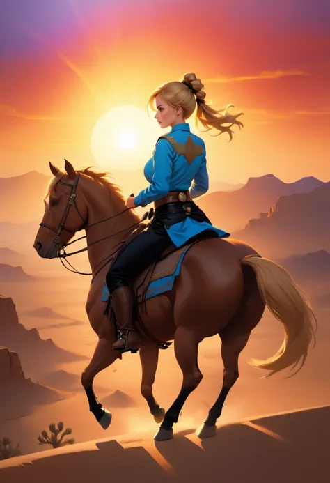 aan oil painting of woman cowboy riding a horse on the desert mountain at sunset, watching the desert canyon, an exquisite beaut...