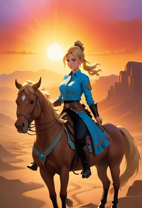 aan oil painting of woman cowboy riding a horse on the desert mountain at sunset, watching the desert canyon, an exquisite beaut...