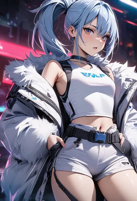 Young girl top quality top image quality masterpiece light blue shiny hair high ponytail cyberpunk red wolf gray eyes white top shorts fur coat