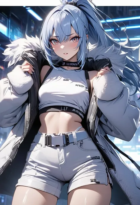 Young girl top quality top image quality masterpiece light blue shiny hair high ponytail cyberpunk red wolf gray eyes white top shorts fur coat