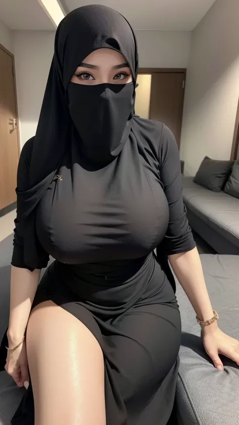 8K, high quality, nice lighting, soft lighting, realistic, dark eyes, sexy, big breasts, thighs, wide hips, malaysia dress, black dress, Jewelry, sexy lady, asian, hijab, niqab, sexy pose, showing big thighs, nice body, natural largest breast, wearing ring...