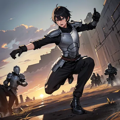 Best illustrations、Best Quality、(have a round shield)、(((Simple grey armor、Black trousers、Black gloves、Short Hair、Black Hair、20 year old man、Iron Helmet)))、(((Fighting Pose)))、(Old ruins、desert。Grass)、(Black, muddy swamp)、(Medieval Knight、10 people、group)、...