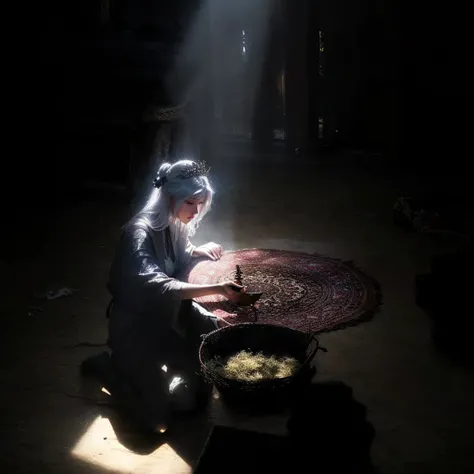 A woman wearing Arav sitting on the ground in a dark room, light coming through, Stunning lighting coming through, 奇妙la lueur de, la lueur de, Stunning lighting, Big light, 美丽la lueur de, Morning Light, Morning glare, hard Morning Light, Traditional Photog...