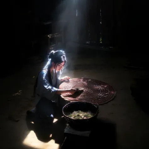 A woman wearing Arav sitting on the ground in a dark room, light coming through, Stunning lighting coming through, 奇妙la lueur de, la lueur de, Stunning lighting, Big light, 美丽la lueur de, Morning Light, Morning glare, hard Morning Light, Traditional Photog...