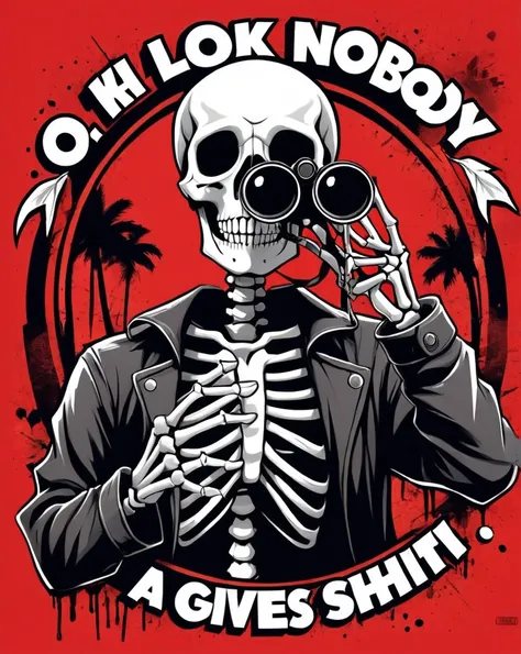 Create t-shirt A vibrant and detailed street art style design featuring a skeleton holding binoculars with the caption OH, LOOK! NOBODY GIVES A SHIT. Theskeleton is placed against a bold red circular background. The overall design should have a gritty, reb...