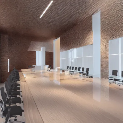 a long table office meeting room with many chairs, low angle dimetric render, high detail render, pre-render, cg render, 3d rend...