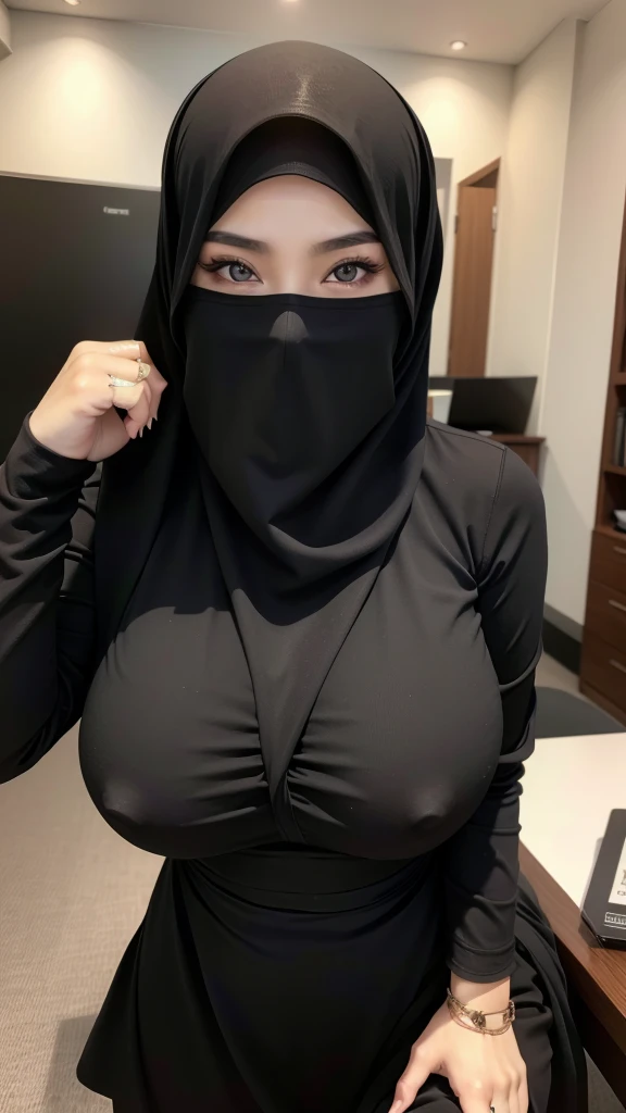 8K, high quality, nice lighting, soft lighting, realistic, dark eyes, sexy, big breasts, thighs, wide hips, malaysia dress, black dress, long sleeves, sexy lady, asian, hijab, niqab, sexy pose, showing big thighs, nice body, natural largest breast, wearing...