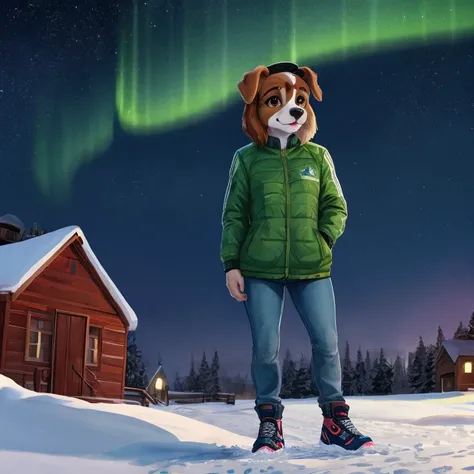 Masterpiece, best quality, high quality, One furry dog girl, Beagle furry, has Brown eyes, wears green jacket with farmer jeans, look in the sky, see the Northern Lights, Night, standing in the snow, Nike shoes on her foot