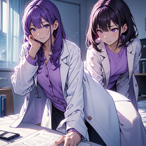 Imagine a MBTI logician、Create a single woman in a white coat and purple shirt thinking alone in her room.。