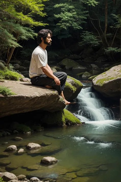 "Amidst the tranquil mountains, a lone figure sits in deep meditation. His matted hair dances gently in the wind, and his closed eyes radiate a serene wisdom that seems to touch the very essence of the universe. Nearby, a small stream whispers its secrets ...