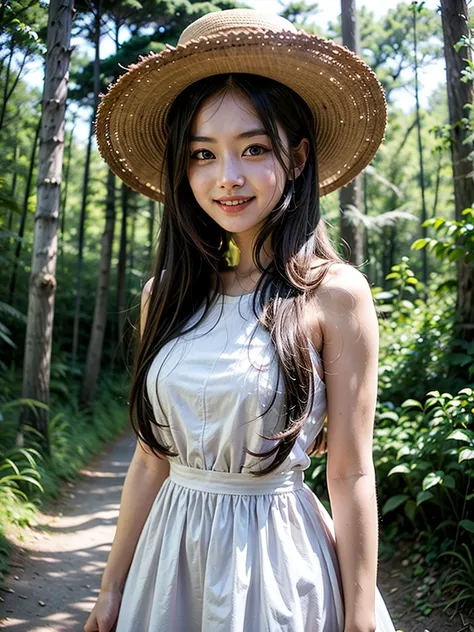 Person 2. neat and beautiful, 25 years old, great style, long hair, fashionable, dress, big hat, in the forest, smiling.

,