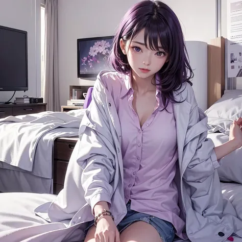 Imagine a MBTI logician、Create a single woman in a white coat and purple shirt thinking alone in her room.。