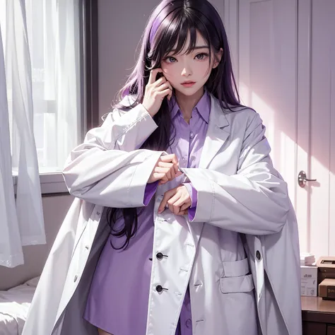 Imagine a MBTI logician、Create a single woman in a white coat and purple shirt thinking alone in her room.。