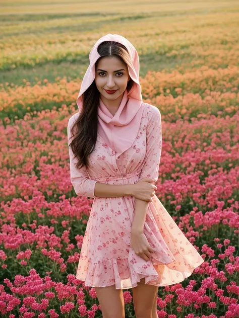 Noura, 1girl, solo, ((Qatari woman)), consistent face and body, ((MILF)), ((30 years old)), (mature), ((slim)), ((Qatari face)), (Qatari nose), (Qatari lips), ((long loose hair)), upper body and upper legs, (background: city flower field at sunset), BREAK,...