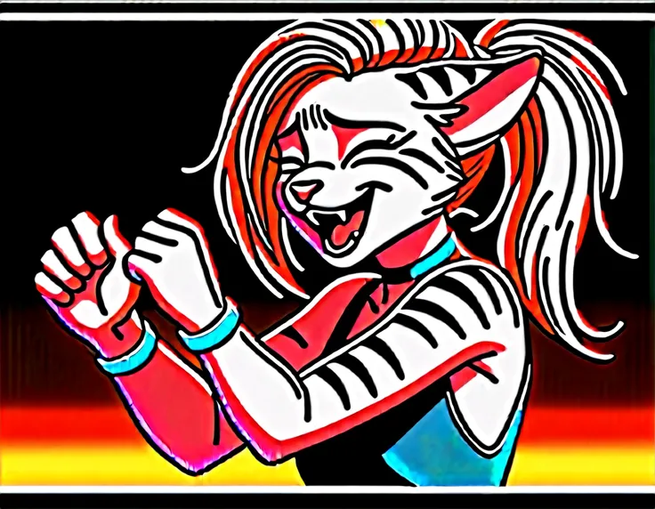 score_9,score_8_up,score_7_up, score_6_up, score_5_up,source_anime, Kat, Anthro furry feline, silver fur, grey stripes on body, closed eyes, furrowed eyebrows, open mouth, long blonde hair, undercut hair, one side of hair shaved, pink nose, :3, female, wea...