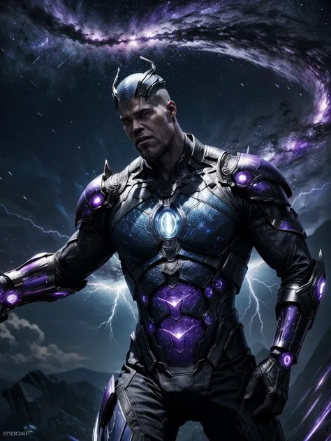 Close up, Ultra-HD photography, a fierce celestial thanos god with a universe theme, surrounded by blue and  purple lightning in a cybernetic fantasy realm, SUFFIX with high lighting and motion blur showcasing the battles ferocity against a shadowy superna...