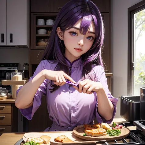 A female commander in purple clothes、Create an image of you cooking in your room。