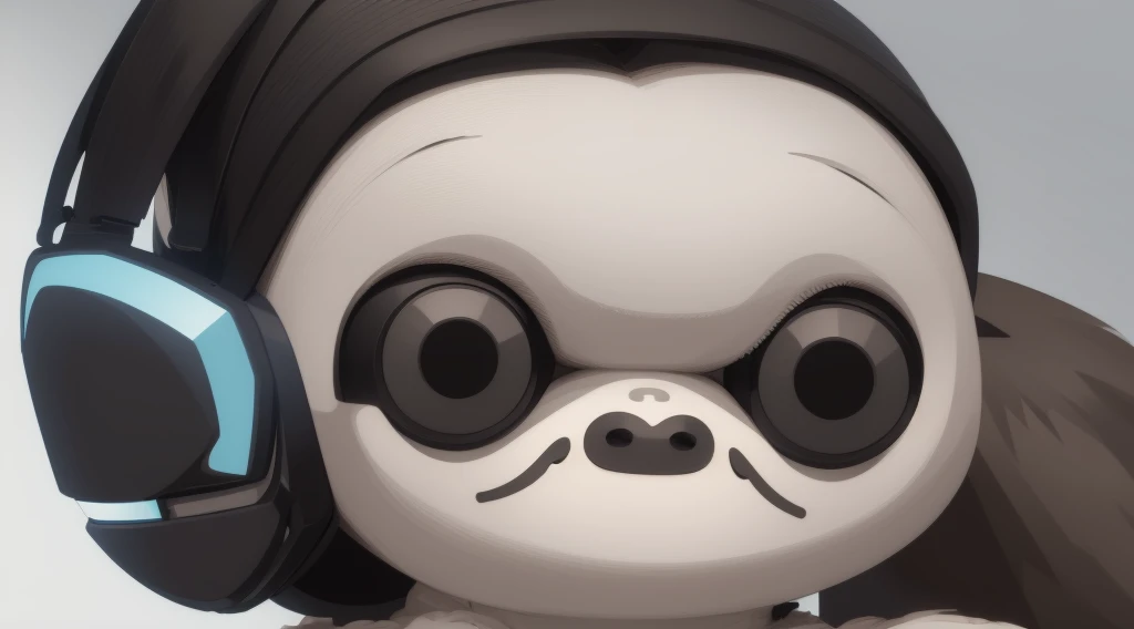  A sloth wearing a wireless headset，「front」Head close-up and in the middle of the screen , No text, There is no other equipment in the picture，No other headphones, Solid background（White without gradient）