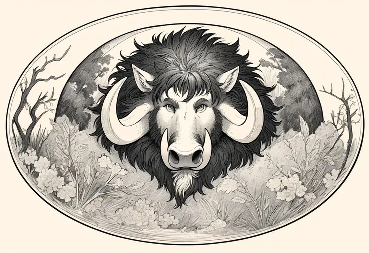 giant round boar with shaggy fur and giant tusks in scrimshaw art style
