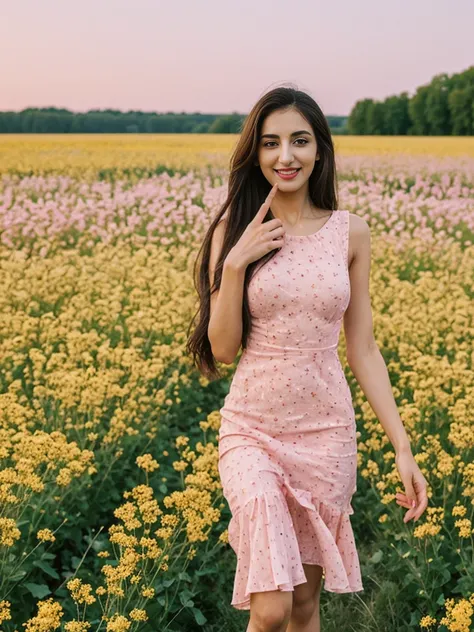 Noura, 1girl, solo, ((Qatari woman)), consistent face and body, ((MILF)), ((30 years old)), (mature), ((slim)), ((Qatari face)), (Qatari nose), (Qatari lips), ((long loose hair)), upper body and upper legs, (background: city flower field at sunset), BREAK,...