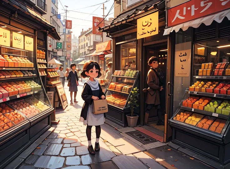 "Create a vibrant and engaging thumbnail for the story لا لچی حلوائی. The thumbnail should show a simple villager standing in front of a sweet shop in a bustling city. The villager should look curious and slightly hungry. The confectioner inside the shop s...