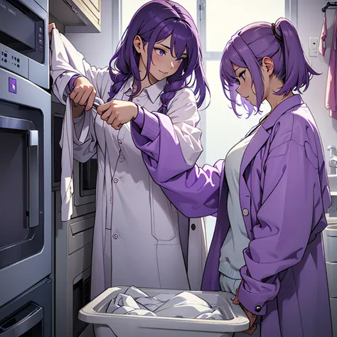 A purple-haired logician woman wearing a white lab coat and purple shirt、Create an image of someone doing laundry in their own apartment.。