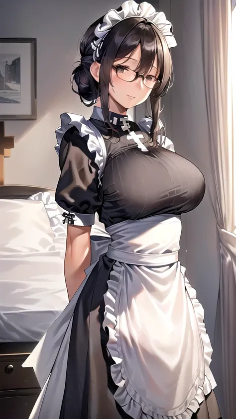 {{masterpiece}},high quality, 4K, 2D,1 girl,{simple gray background},(45 year old woman,mature female:1.8),standing,(sagging breasts:0.4),(gigantic breasts:1.3),(maid:1.7), black hair,(chignon:1.2),1 braid,impossible clothes, {from right in front of face a...