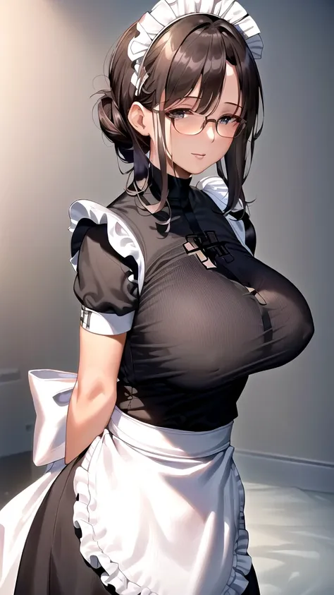 {{masterpiece}},high quality, 4K, 2D,1 girl,{simple gray background},(45 year old woman,mature female:1.8),standing,(sagging breasts:0.4),(gigantic breasts:1.3),(maid:1.7), black hair,(chignon:1.2),1 braid,impossible clothes, {from right in front of face a...