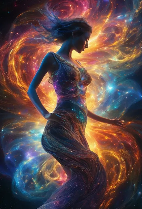 an incredible and spectacular scene of a female figure emerging from a luminous cloud, fractal threads of nebula enveloping her breasts and hips, cosmic entities, celestial, cosmic, vibrating and bright, vortices, swirling, unrealistic, high contrast, symb...